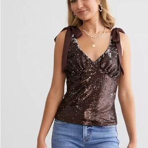 Sequin Tie-Shoulder Camisole in Chocolate Brown